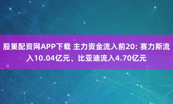 股巢配资网APP下载 主力资金流入前20: 赛力斯流入10.04亿元、比亚迪流入4.70亿元